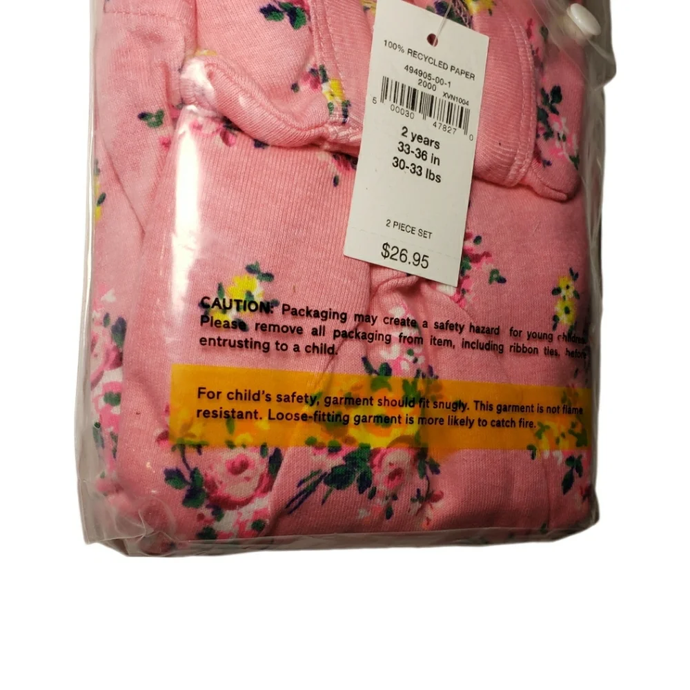 NEW Baby Gap Size 2 Toddler Pink Floral Long Sleeve Long John Pajamas Set